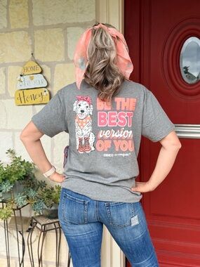 NEW Gray Graphic Tee with Pink Dog Art — "Be The Best Version Of You" Gift